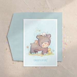 New Sibling Card, Cute Animal Baby Shower Card, Big Sister Card, Big Brother Card, Kids Bear Birthday Card, Cute Animals, First Birthday