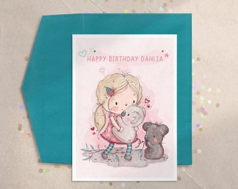 Koala Birthday Card for Girls, Kids Koala Card, Australian Animal Card, Baby Koala Card, New Baby Girl, Cute Animal Baby Shower Card