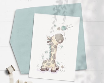 Tarjeta de cumpleaños de jirafa / Fiesta en la jungla, animalito adorable (sobre incluido)