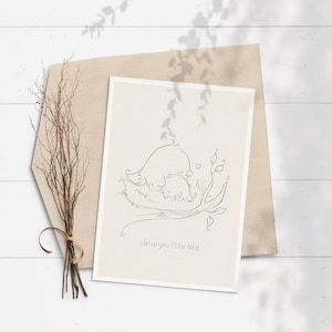Tarjeta de pájaro bebé, pájaro momia, tarjeta de ducha de bebé simple, boceto simple, minimalista, dibujo de boceto, animales lindos, nueva tarjeta de bebé, personalizado