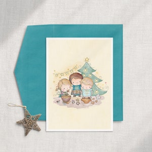 May include: A watercolor illustration of three children decorating gingerbread cookies in front of a Christmas tree. The children are wearing blue and green clothing and are smiling. The tree is decorated with lights and ornaments.