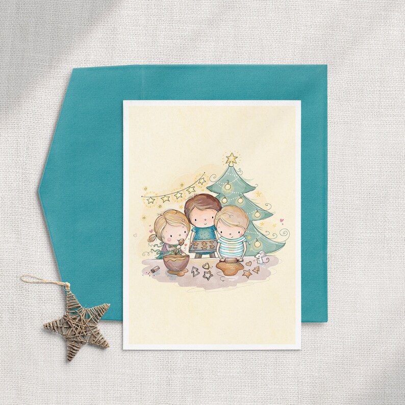 May include: A watercolor illustration of three children decorating gingerbread cookies in front of a Christmas tree. The children are wearing blue and green clothing and are smiling. The tree is decorated with lights and ornaments.