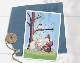 Tarjeta de animales del bosque / Tarjeta de cumpleaños con animales adorables / Saludo de amigos del bosque / Tarjeta infantil personalizada / Estilo cuento de hadas