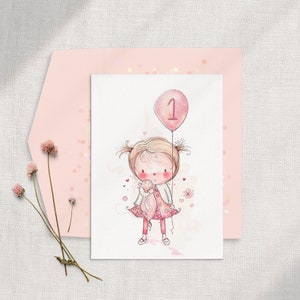 Girls Personalized Number Birthday Card, Girls Number Birthday Card, Girls Balloon Card, Girls First Birthday Card, Cute Girls Birthday