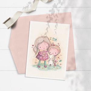 Schwester Geburtstagskarte, kleine Schwester Karte, kleine Mädchen Geburtstagskarte, süße illustrierte Grußkarte, niedlich, beste Freunde, Geschwister, Hase