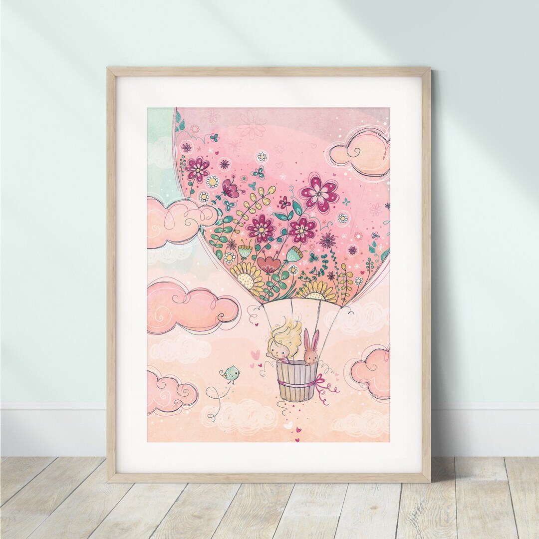 Bunny Hot Air Balloon Nursery Print | Whimsical Girls Room Wall Art - Etsy