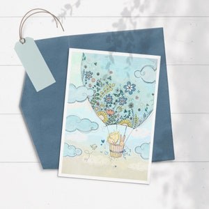 Heißluftballon Karte, blau, Mädchen Hase Karte, Mädchen erste Geburtstagskarte, süße Mädchen Karte, Mädchen Blumen Geburtstagskarte, Mädchen Abenteuer