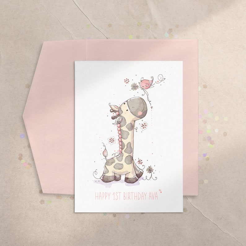 Girls Giraffe Card, Giraffe Birthday Card, Girls Baby Shower Animal Card, Toddler Girl Animal Card, Girls First Birthday Card, New Baby Girl image 2