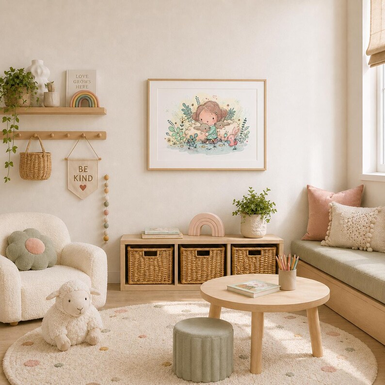 May include: A framed wall art print featuring a whimsical illustration of a child with two rabbits in a garden, displayed in a nursery room with a cream-colored armchair, a round wooden coffee table, woven storage baskets, and a plush sheep toy.