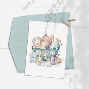 Arche Noah Karte, Tier Baby Shower Karte, Baby Junge Geburtstagskarte, süße Tiere, Kleinkind Grußkarte, biblische Karte für Kinder, Bibel Geschichte