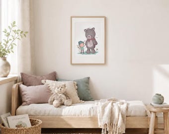 Teddy Bear Nursery Art Print | Watercolor Woodland Illustration