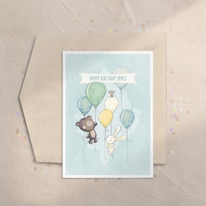 Boys First Birthday Card, Boy Baby Shower Card, Animals, Balloons, New Baby Boy Card, Balloon Birthday Card, Cute Animal Card, Watercolors