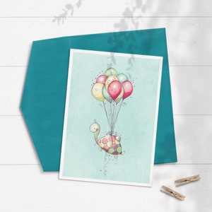 Schildpad verjaardagskaart, Kids ballon kaart, jongens verjaardagskaart, meisjes verjaardagskaart, schildpadden, ballonnen, schattige dieren, eerste verjaardagskaart