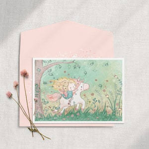 Mädchen Pferd Geburtstagskarte, Einhorn Geburtstagskarte, niedliche Einhorn Karte, Mädchen Garten Geburtstagskarte, wunderlicher Geburtstag, Pferde, Einhörner, niedlich