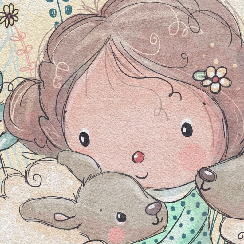 Puede incluir: Una ilustraci&oacute;n de acuarela de una ni&ntilde;a con cabello casta&ntilde;o y un vestido de lunares verdes y blancos sosteniendo un conejo marr&oacute;n y gris.
