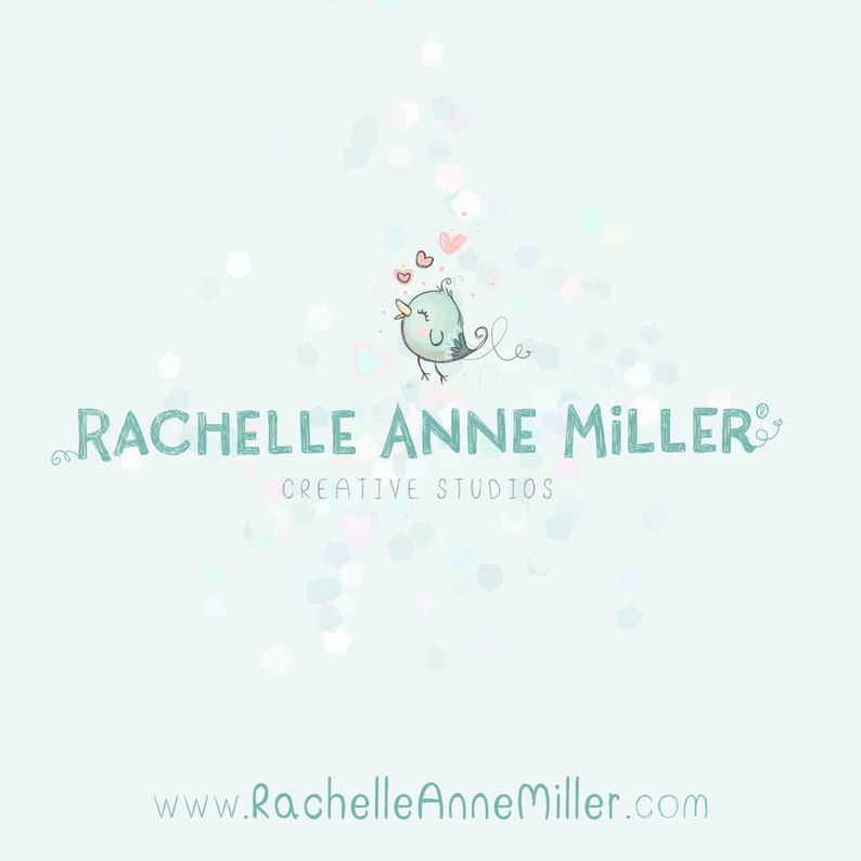May include: A light blue logo with a green bird singing and hearts floating above it. The text "Rachelle Anne Miller" is in a whimsical font with a decorative flourish. The text "Creative Studios" is below the name. The website address "www.RachelleAnneMiller.com" is at the bottom of the logo.