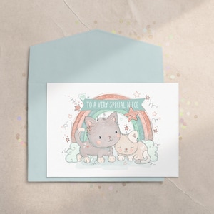 Rainbow Cat Card, Girls Cat Birthday Card, Cute Kitty Card, Girls First Birthday Card, Toddler Girl Birthday Card, Cute, Pastel Rainbow