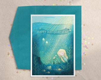 Cute Mermaid Birthday Card, Girls Under the Sea Card, Girls Ocean Card, Mermaid Baby Shower Card, Mermaid Greeting Card, Whimsical, Sea