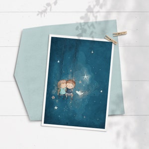 Tarjeta de Bautizo de Gemelos, Tarjeta de Bautizo de Gemelos, Tarjeta de Hermano y Hermana, Personalizada. Tarjeta religiosa para niños, bendición, paloma, cielo, estrellas, hermanos