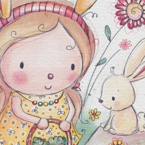 May include: A watercolor illustration of a girl with blonde hair wearing a yellow dress and a red headband. She is holding a basket with green leaves. A white bunny with pink ears is sitting next to her. The background is white with green leaves and pink flowers.