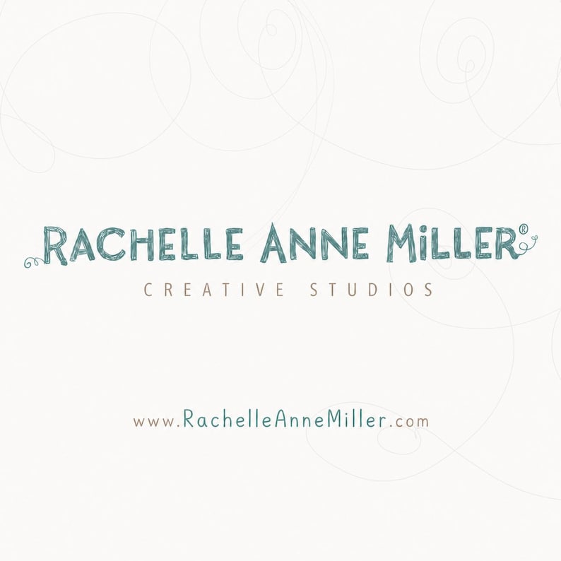 May include: A white graphic logo featuring the text Rachelle Anne Miller Creative Studios in a teal, hand-drawn font style. Below the main text, the website address www.RachelleAnneMiller.com is displayed in a smaller, simple teal font.