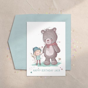 Linda tarjeta de oso de peluche, tarjeta de primer cumpleaños de niños, tarjeta de oso lindo, tarjeta de niño pequeño, tarjeta de campamento de niños, tarjeta de aventura de niños, mejores amigos, lindo