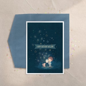 Tarjeta de cumpleaños de luciérnaga, tarjeta de cumpleaños de conejito de niños, tarjeta de felicitación de conejito, tarjeta de cumpleaños mágica, tarjeta de cumpleaños caprichosa, tarjeta de cielo nocturno, magia
