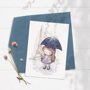 Girls Birthday Card, Paris Greeting Card, Eiffel Tower, French, Poodle, Travel Card, Miss You Card, France, Pet, Dog, Cute Kids, Rain