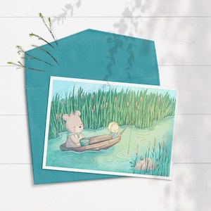 Tarjeta de cumpleaños de pesca, tarjeta de cumpleaños de camping, primera tarjeta de cumpleaños de niños, tarjeta de cumpleaños de niños, tarjeta de animales de niños, saludo de niños, canoa, barco
