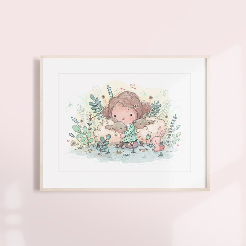 Puede incluir: Una ilustraci&oacute;n de acuarela de una ni&ntilde;a con cabello casta&ntilde;o sentada con dos ovejas y un conejo en un campo de plantas verdes y flores.
