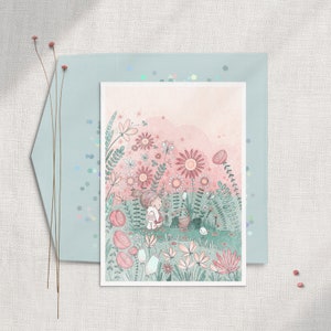 Girls Bunny Birthday Card, Girls Flower Birthday Card, Girls Flower Garden Card, Girls First Birthday Card, New Baby Flower Card, Baby Girl