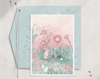 Bunny Birthday Card | Whimsical Flower Garden, Personalized