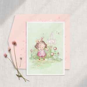 Filles premier anniversaire princesse carte, carte de conte de fées, carte d’anniversaire de princesse, carte de château de princesse, carte de princesse pastel, carte de fille de bambin