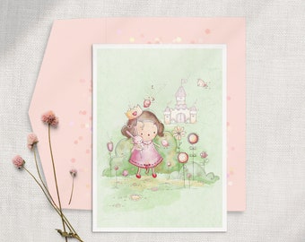 Girls First Birthday Princess Card, Fairytale Card, Princess Birthday Card, Princess Castle Card, Pastel Princess Card, Toddler Girl Card