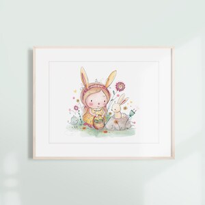 May include: A watercolor illustration of a girl wearing bunny ears and a yellow dress holding a basket of flowers. A white bunny sits on a rock next to her. The background is a field of flowers.