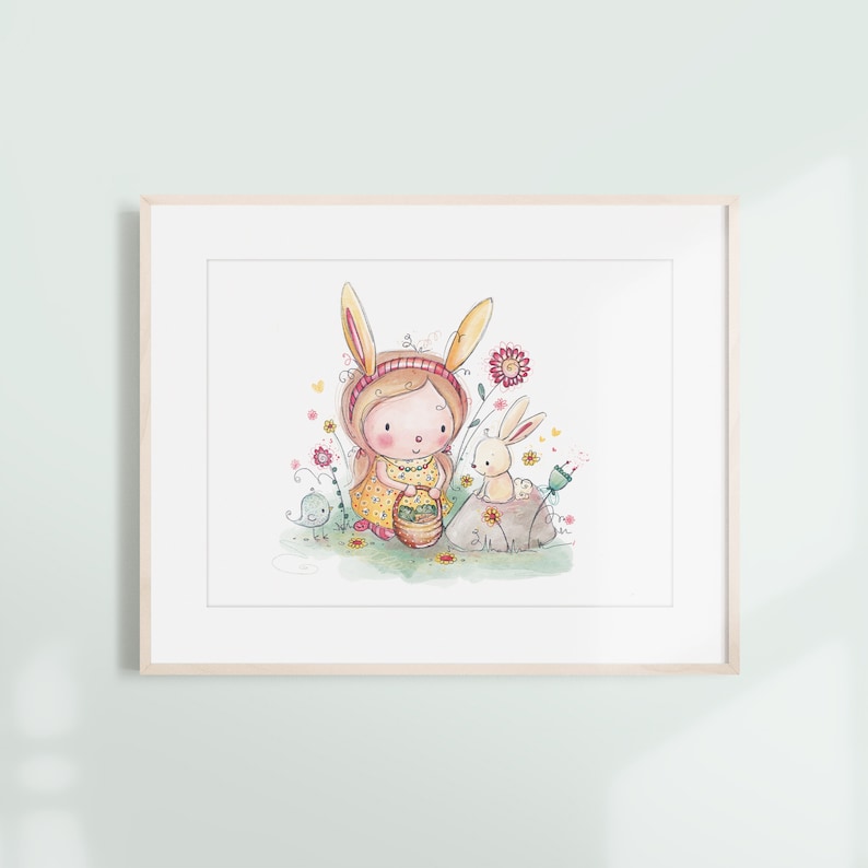 May include: A watercolor illustration of a girl wearing bunny ears and a yellow dress holding a basket of flowers. A white bunny sits on a rock next to her. The background is a field of flowers.