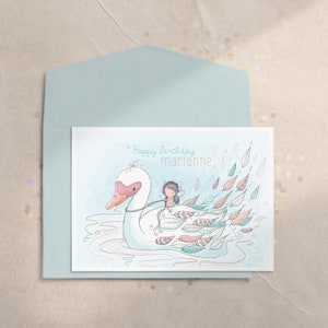 Cartão de aniversário de cisne, cartão de aniversário de fadas para meninas, cartão de conto de fadas, cartão caprichoso, cartão de chá de bebê de fadas, fadas, magia, aquarela