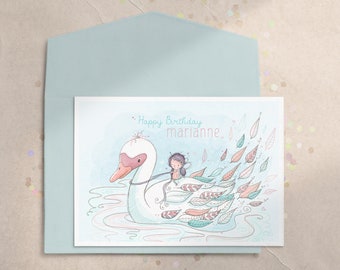 Swan Birthday Card, Girls Fairy Birthday Card, Fairytale Card, Whimsical Greeting Card, Fairy Baby Shower Card, Fairies, Magic, Watercolor