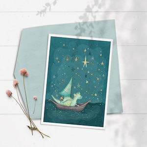 Tarjeta de cumpleaños del dragón de las niñas, cumpleaños personalizado, Puff the Magic Dragon Card, Dragon Card para niños, New Baby Girl Card, Cute Dragon, Stars