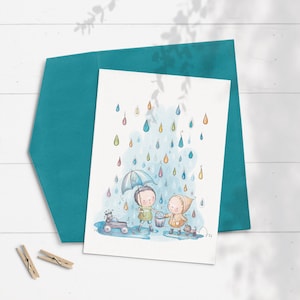 Baby Boy Birthday Card, New Baby Card, Baby Shower Card, Illustrated Childrens Greeting Card, Raindrops, Rainbow, Cute Kids, Whimsical, Rain