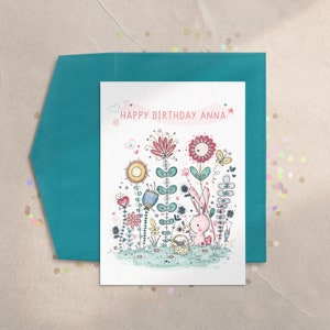 Mädchen Hase Geburtstagskarte, süße Hase Geburtstagskarte, Hase Baby Shower Karte, Mädchen erste Geburtstagskarte, Kaninchen, Blumengarten, wunderlich