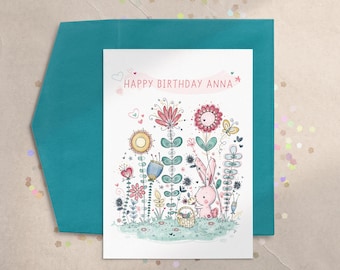 Girls Bunny Birthday Card | Floral Bunny Garden Card | Cute Animal Birthday Card for Kids | First Birthday Card for Girl