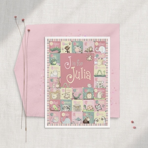 Personalized Girls Birthday Card, Animal Alphabet Card, Personalized Kids Greeting Card, Personalized Baby Shower Card, New Baby Girl, Cute