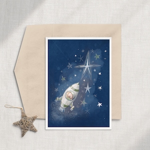 Space Birthday Card for Girl | Rocket Greeting Card for Kids | Cute Outer Space Party Card | Illustrated Card for Girls Birthday