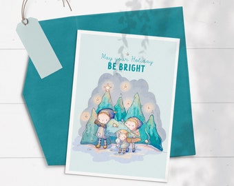 Kids Forest Christmas Card, Kids Winter Holiday Card, Cute Kids Christmas Card, Winter Forest Card, Kids Holiday Greeting, Christmas Tree