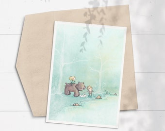 Woodland Birthday Card, Whimsical Kids Card, Bear, Forest, Adventure, Watercolour, Children's Greeting Card, Cute, Trees, Water