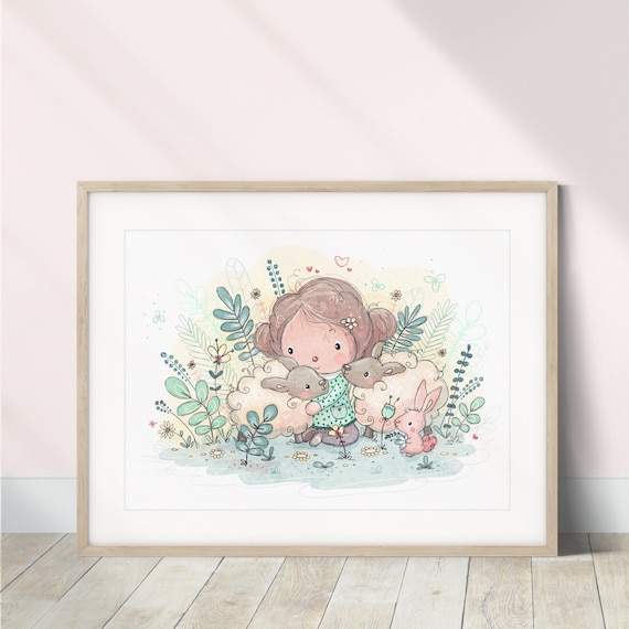 Watercolor Lamb Art Print | Pastel Flower Garden Nursery Decor