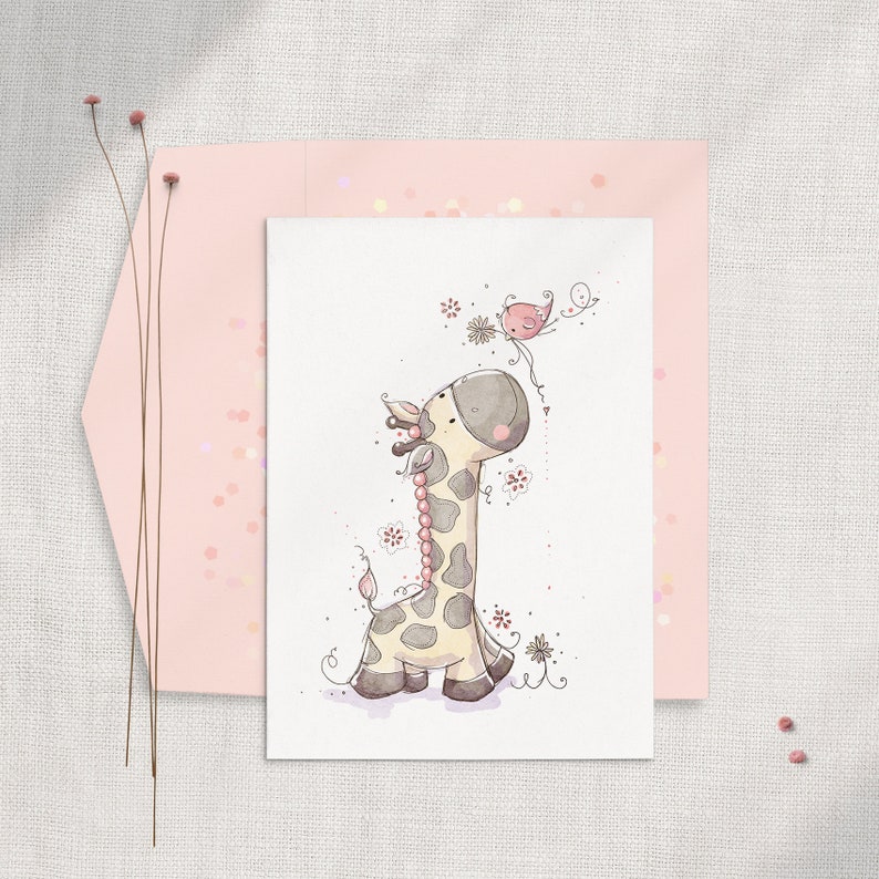Girls Giraffe Card, Giraffe Birthday Card, Girls Baby Shower Animal Card, Toddler Girl Animal Card, Girls First Birthday Card, New Baby Girl image 1