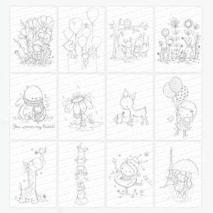 Timbres numériques fantaisistes et mignons, timbres d'animaux mignons, téléchargement numérique, anniversaire d'enfants, fabrication de cartes, page de coloriage pour enfants, animaux des bois