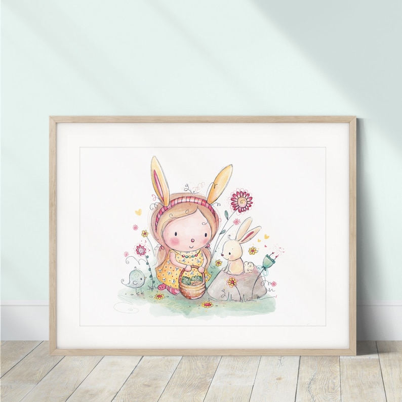 May include: A watercolor illustration of a girl wearing a bunny costume holding a basket of flowers. She is standing in a field with a small bunny sitting on a rock. The illustration is in a light pink, yellow, and green color palette.